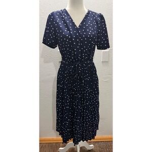 Lark + Grey Navy Blue Polka Dot Pleated Wrap Midi Dress Women's Medium‎